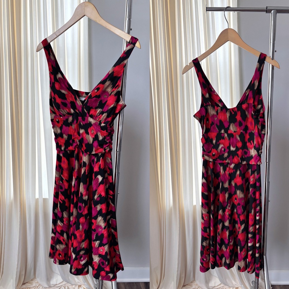 Y2K Vintage Madison Leigh Midi Dress 8P Pink Multi Print Slinky Ruched Romantic